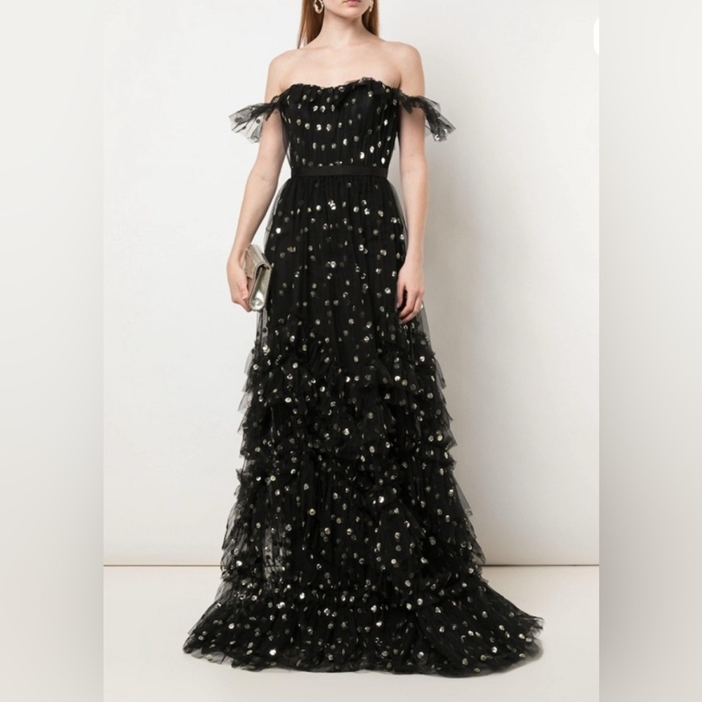 Marchesa Notte Black Dress with polka dot Accents